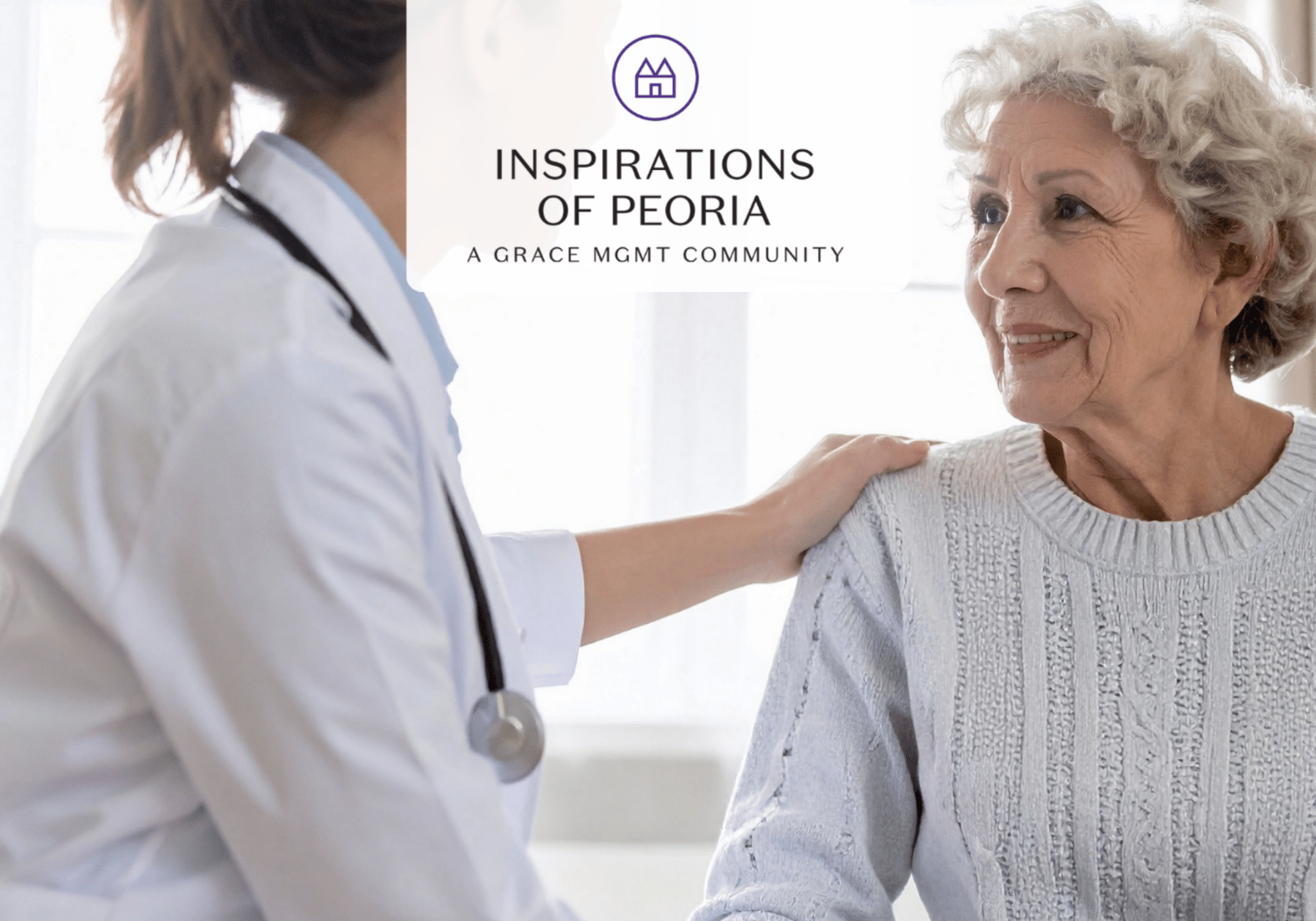 Nurse with stethoscope comforting an elderly woman in a bright room.