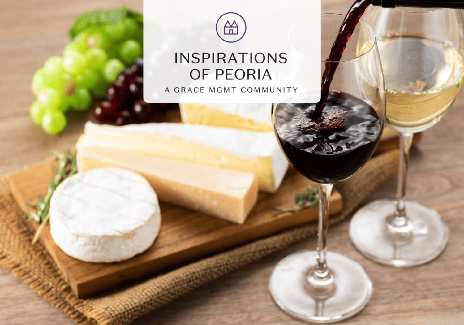 Wine and cheese tasting setup on a wooden board: brie, cheese wedges, grapes, and two wine glasses (one with red wine) being poured from a bottle into a glass on a rustic table.