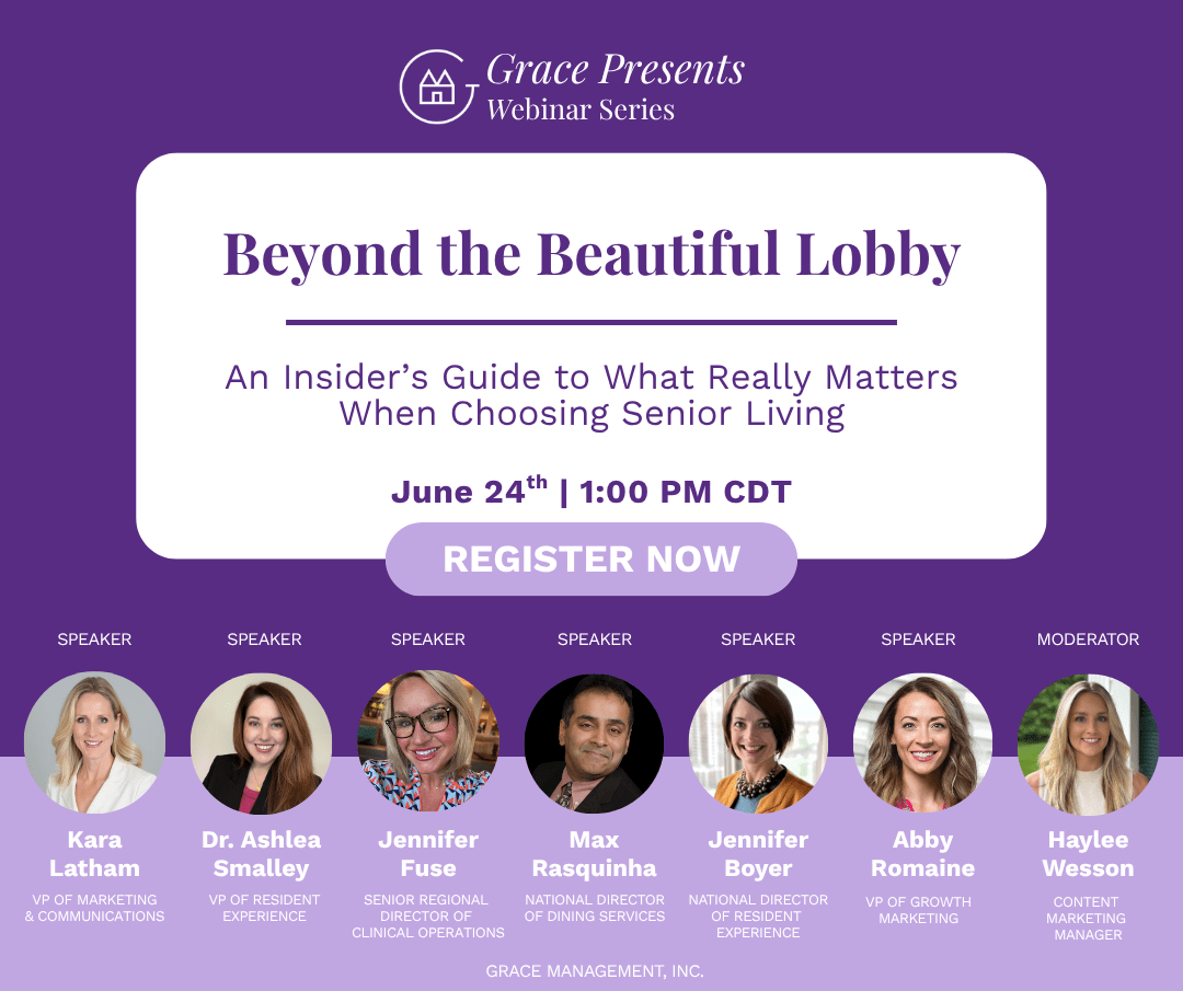Grace Presents Webinar banner for 'Beyond the Beautiful Lobby' with date, time, and a prominent Register Now button; speaker lineup shown.